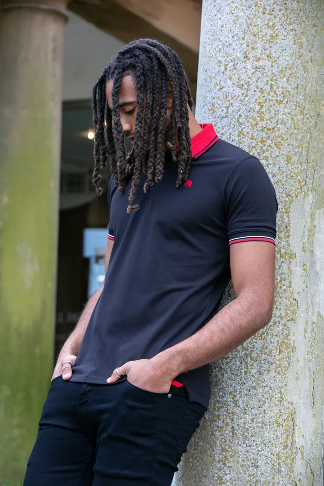 Black Pique Polo Shirt With Cuff and Collar Tipping Detail (CHESTER)